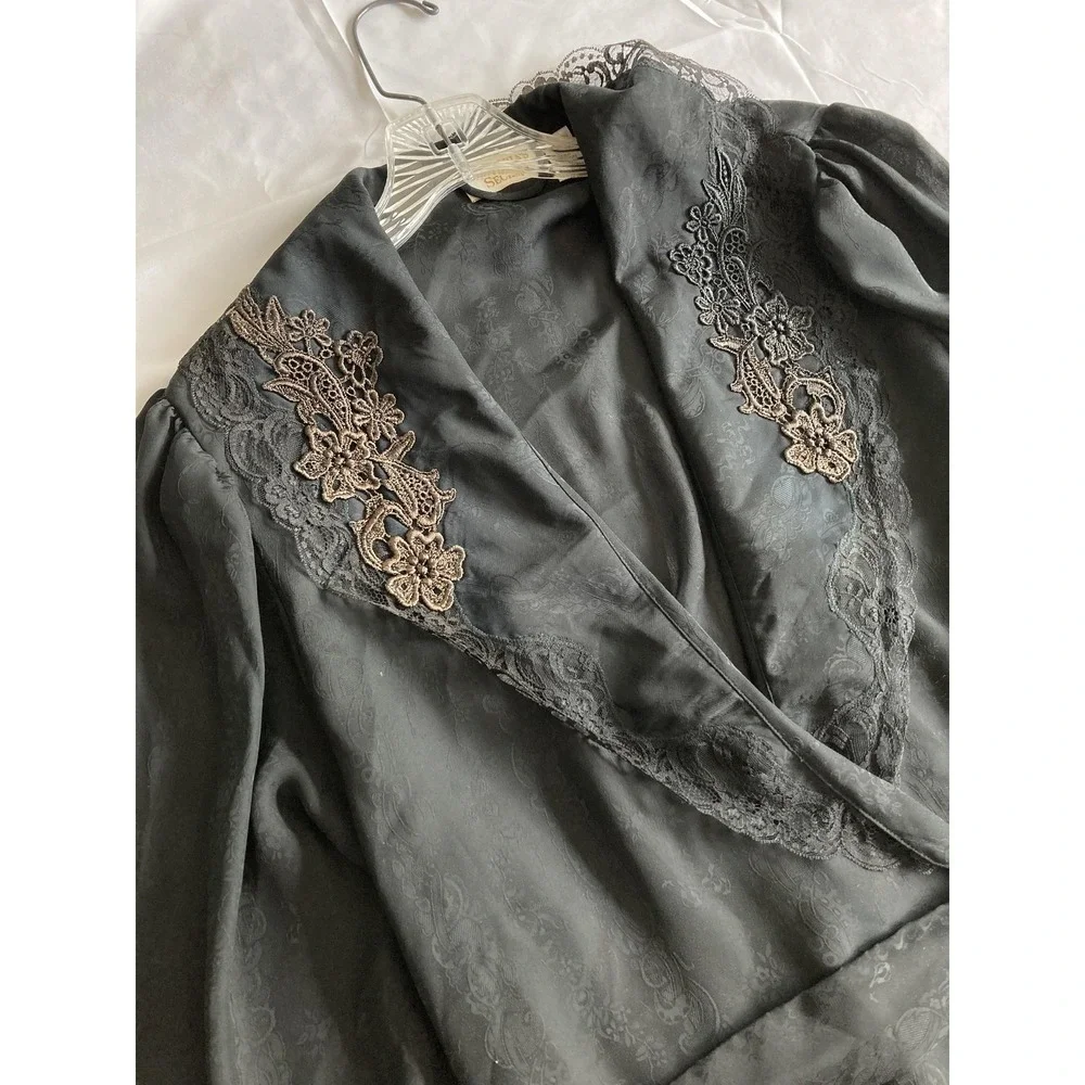 Vtg Victoria's Secret Robe Gold Label Women L Black Chiffon Lace Kimono Floral